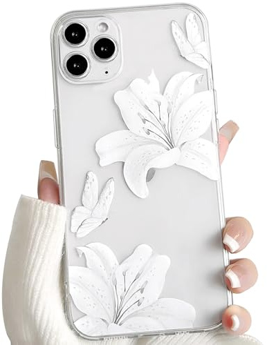 NITITOP für iPhone 11 Pro Hülle Durchsichtig Blume Lilien, Weiß | Süß Floral Schmetterlinge Muster, für Frauen Mädchen, Hauchdünn TPU, mit Vollständiger Kameraschutz, Stoßfest Handyhülle
