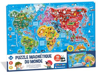 CLEMENTONI - Mein magnetisches Puzzle der Welt, 4 Jahre + – interaktive Weltkarte – Entdeckung von Tieren & Monumenten – Lernspiel für Kinder