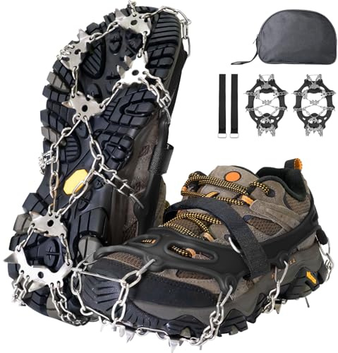 Steigeisen für Bergstiefel, 24-Zähne Edelstahl Anti-Rutsch Eiskrallen mit Verstellbaren Gurten, Ideal für Wandern, Klettern, Trekking und Winter Outdoor Aktivitäten(Schwarz Größe L)