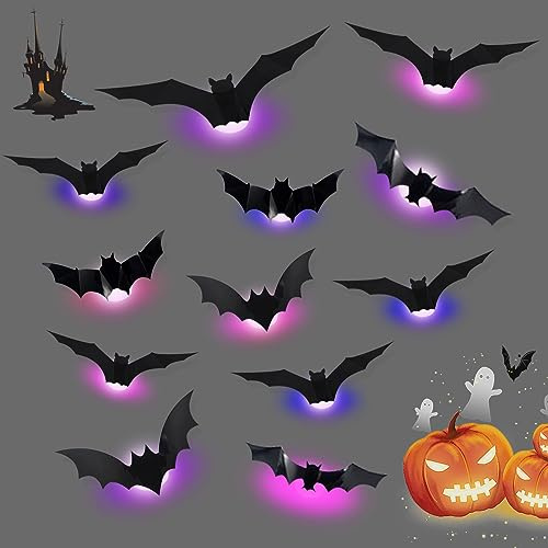 12 Stück Halloween Deko Fledermaus Aufkleber Licht, 3D Led Fledermaus Deko Halloween Led Fleder mäuse Dekoration für Wand Dekor Helloween Party Dekoration Sticker