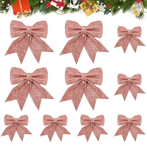 SEPGLITTER 10 Packs 9.4 in and 5.9 in Large Glitter Pink Christmas Bows, Christmas Tree Bow Decorations Sequin Bowknot Ties Xmas Decorative Ornaments for Home Party
