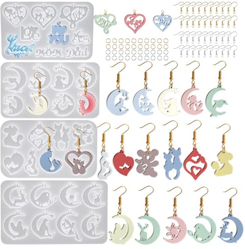 Waitamo 4Pcs Resin Moulds, Earrings Epoxy Resin Silicone Mould with Ear Hooks Jewellery Moulds for Earrings Pendants Necklaces Bracelets Keychains (Style C)