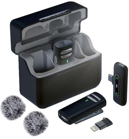 Wireless Professional Lavalier Microphone for iPhone Android Mics Pro with Noise Reduction & Windshield Mini Mic System for Video Crystal Clear Recording Streaming Vlogging TikTok YouTube