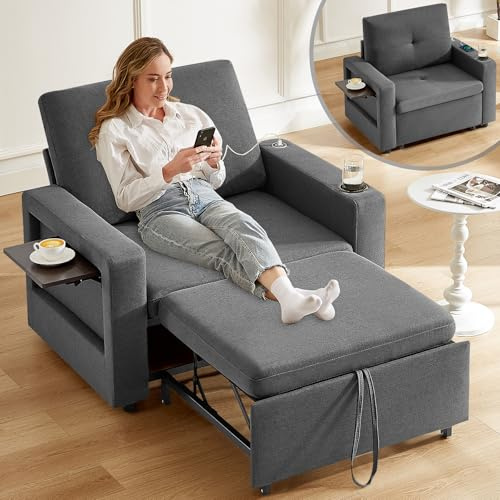 WEUP 42.5 Sleeper Chair Bed, 3-in-1 Convertible Reclining Sofa Chair with Pull Out Couch Bed, Adjustable Backrest, Side Pockets, Cup Holder, USB Ports & Wing Table, Premium Dark Gray