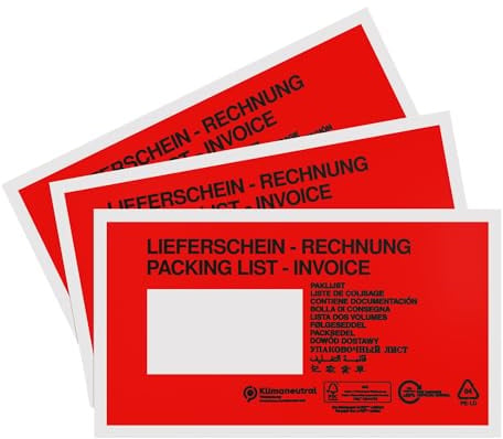 KLEBASTO Lieferscheintaschen DIN Lang Rot | Rechnung/Lieferschein | Paketbegleitscheintasche in 11 Sprachen | 1000 Stück