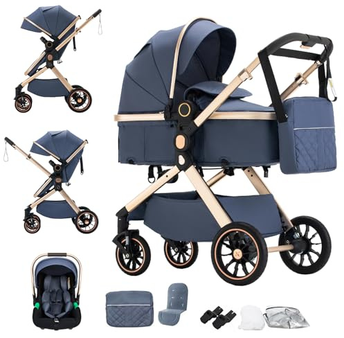 BEBBY 3-in-1 Kinderwagen KombiKinderwagen-Set 2-in-1 Buggy faltbar Luxus Hochlandschaft Neugeborenes Tragbarer Zusammenklappbarer Kinderwagen Travel System (U9-X-BLUE, U9-X)
