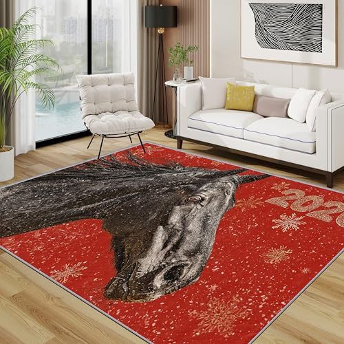 TerroVee Pferd Teppich Wohnzimmer 160x230 cm, Western Tiere Teppiche, Neujahr Silvester Waschbar Kurzflor Groß Teppiche Für Schlafzimmer Kinderzimmer, Schwarz Rot