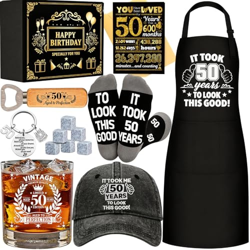 50th Birthday Gifts for Men Whiskey Glass Set, Cool Gifts for 50 Year Old Men with 11 Oz Whiskey Glass Apron Baseball Cap Sock Keychain Bottle Opener Greeting Card for Him Dad Husband Friends