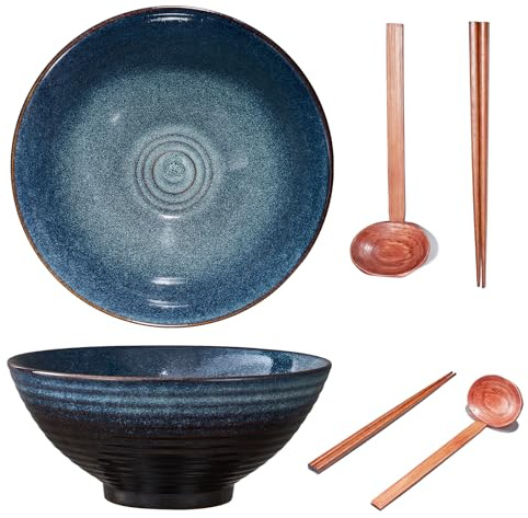 Yuecda 2 Sets 8 Inch Ceramic Ramen Bowl Set of 2, 40oz Japanese Bowls with Spoons & Chopsticks,Durable,Microwave & Dishwasher Safe,Perfect for Ramen,Pho,Salad,Soup,Noodles，Mixing Bowls（Sky Blue）