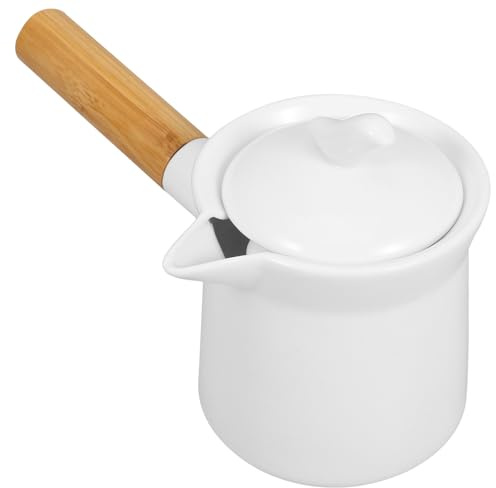 Holibanna Poêle à Sauce en Céramique Blanche 350ml Manche en Bois, Chauffage Uniforme et Compatible Lave-vaisselle, Accessoire Cuisine pour Sauces et Beurre