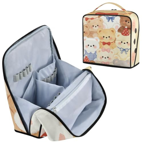 Designed Standing Makeup Bag Cute Cartoonish Brown Teddy Bear | Cosmetics Bag with dividers Zipper Hanging Travel Toiletry Bag with Brush Holder