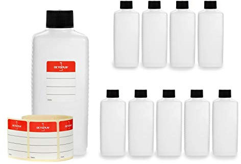 10x 250 ml Octopus Kunststoffflaschen, HDPE Plastikflaschen mit schwarzen Schraubverschlüssen, Leerflaschen mit schwarzen Schraubdeckeln, Vierkantflaschen inkl. Beschriftungsetiketten