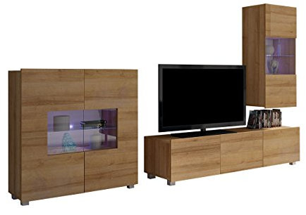 Moderne Wohnwand Calabrini VII mit Kommode, Anbauwand, Mediawand, TV Lowboard, Hängevitrine, Wohnzimmerschrank, Fernsehschrank (ohne Beleuchtung, Eiche Gold)