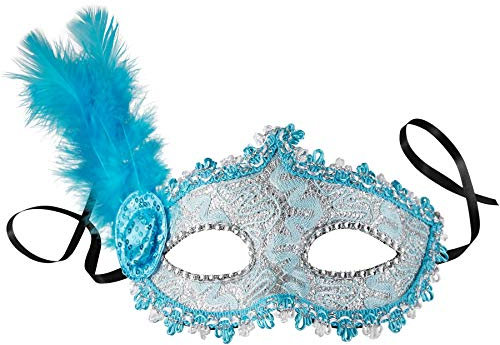 dressforfun 900888 Venezianische Maske mit seitlicher Feder für Damen, Augenmaske mit Stoffmuster, Zierborte und Strass für Ball Fasching Karneval Halloween - diverse Farben - (blau | Nr. 303551)