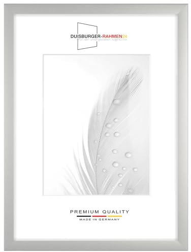 DR24 19x27 Bilderrahmen (Silber matt) nach Maß, 35 mm breiter MDF Holzrahmen inkl. entspiegelter Anti-Reflex Kunstglasscheibe, stabiler Rückwand, Biegestiften und Aufhängern