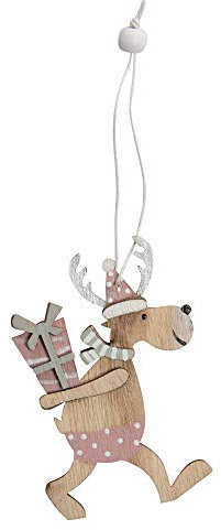 6X Holzhänger Rentier mit Geschenk beidseitig 10cm Natur/rosa/Silber
