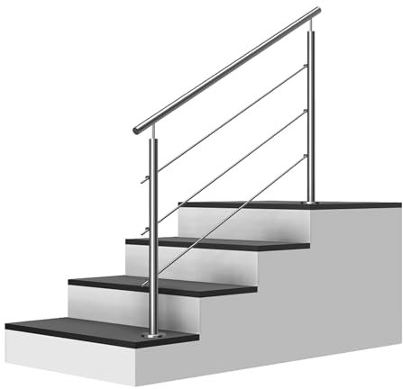 Edelstahl Treppengeländer Aufmontage, 1,2m lang, 0,9m hoch, Außengeländer, je 2 Pfosten + 3 Querstreben + Handlauf mit Trägerplatten + Zubehör, Winkelverstellbar (L:1200mm H:900mm)
