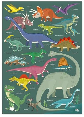 viilou Poster Dinosaurier Illustration Kinderzimmer Plakate Dinos Prints Kinderposter Dino Namen Lernposter Kinder Dinoposter Wand Dekoration Spielzimmer Motive