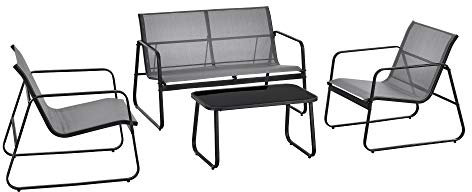 Salon de Jardin Stylé Table Basse Plateau en Verre Canapé Fauteuils Ensemble de 4 Meubles Extérieurs pour 4 Personnes Acier PVC Polyester Noir Gris Clair