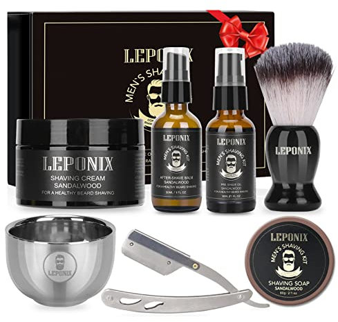 Kit Rasage Homme, Inclus Rasoir Coupe Choux, Pâte à Raser de Santal, Huile Avant Rasage, Baume Apres Rasage, Brosse à Raser, Bol à Raser, Savon Raser, Coffret Cadeau Homme