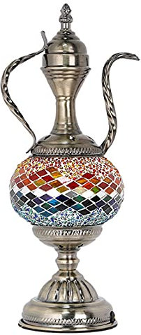Turkish Table Lamp Bohemian Mosaic Teapot Night Lights Premium Stained Glass Moroccan Antique Accent Desk Lights for Cafe Bar Clubs Living Room Decorate,A