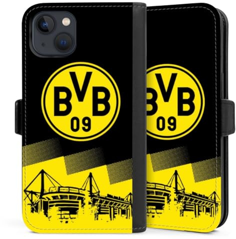 Klapphülle kompatibel mit Apple iPhone 13 Handyhülle aus Kunst Leder schwarz Flip Case BVB Borussia Dortmund Stadion