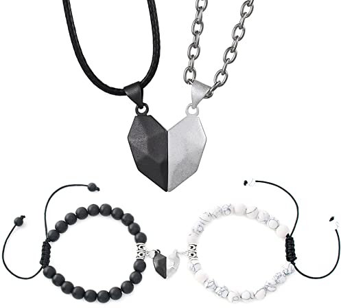 OIDEA Paar Schmuck Set Herz: 4 Stück Halskette Herz Puzzle Magnet Anhänger Kette aus Edelstahl & Kugel Armkette Armband aus Achat Schwarz Weiß Feiertag Geschenk für Partner Pärchen Paare