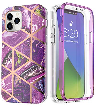 UEEBAI Case for iPhone 12 Pro 6.1 inch, Stylish Marble Pattern Full Body Protective Case with Built in Screen Protector Hard Plastic PC Case Soft TPU Shockproof Cover - Purple 2