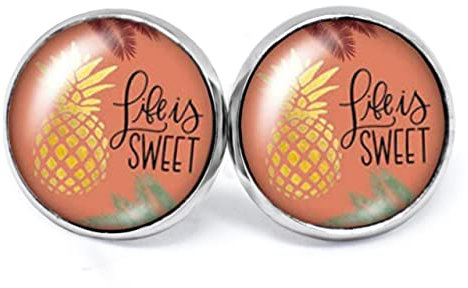 JUANLOWE Life is sweet Hawaii Ananas Motiv Ohrringe silberfarben Edelstahl Cabochon Ohrstecker schwarz rosa gold