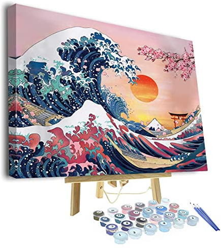 TISHIRON DIY Paint by Numbers Ocean Kanagawa Waves Sunset Great Wave with Paint Brushes and Acrylic Painting Kit 16x20 Inch for Kids and Adults Beginner Gifts with Frame 16x20 inch