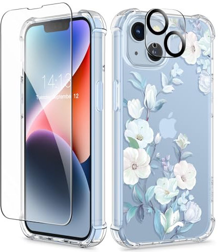 GVIEWIN Kompatibel mit iPhone 14 Hülle 6,1 Zoll 2022, mit Displayschutz Schutzfolie + Kamera Schutzfolie, Blume Klar TPU Dünne Stoßfest Kratzfestes Weiche Handyhülle Schutzhülle, Hibiskus