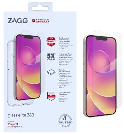 ZAGG InvisibleShield Glass Elite 360 Screen Protector & Clear Case Bundle Compatible for iPhone 14, Shockproof, Scratch Resistant, Glass-Like, Anti-Microbial, (Clear)