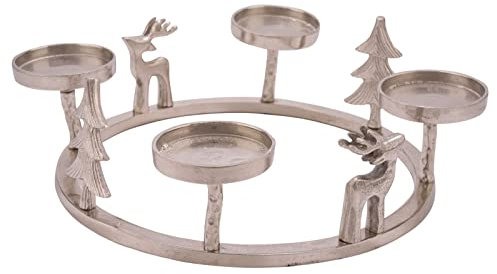 Spetebo Alu Adventskranz Silber mit 3D Figuren - Ø 33 cm - Hochwertiger Aluminium Kerzenständer - Tischdeko Advents Kerzen Ständer für 4 Stumpenkerzen oder Kugelkerzen