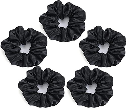 WLLHYF 5 Stück Satin-Haargummis weiche Satin-Haargummis für Frauen elastische Haargummis Haarbänder Pferdeschwanz-Halter für dickes dünnes feines lockiges Haar-Accessoires (Schwarz)