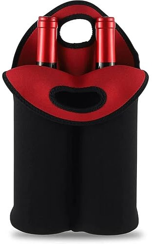 2 Wine Bottle Carrier Bag Neoprene Wine Pouch Sleeve, Tote for Picnic, Great for Wine, Champagne, Beer, Water Bottles, Sports Black and Red