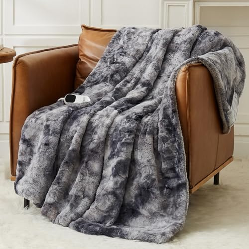 Homemate Heated Blanket Electric Throw - 50x60 Heating Blanket Throw 1/2/4/6/8 Hours Auto-Off 10 Heat Levels Over-Heat Protection Luxury Faux Fur Sherpa ETL Certification