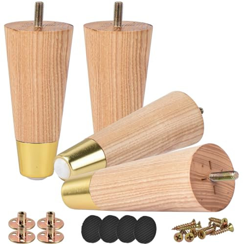 Btowin VCF 6 Inch / 15cm Ash Wood Furniture Legs, 4Pcs Modern Wooden with Cover Replacement Feet with Threaded M8 Hanger Bolts & Mounting Plate & Screws for Sofa Couch Armchair Cabinet