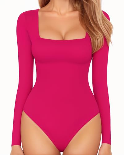 MANGOPOP Body da donna a maniche corte con scollo quadrato e maniche lunghe, sexy, aderente, 04 Rosa Manica Lunga, X-Small
