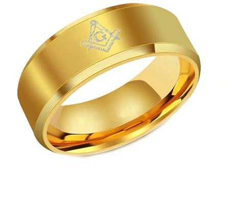 Ayoiow Edelstahl Eheringe Gold 8MM Hochpoliert Ring Mit Freimaurer-Symbol Punk Ring Männer