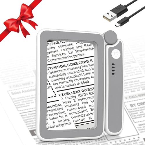 MoKo Lupa de Lectura con Luz 4X, Lupa de Mano Rectangular Ligera para Leer Libros con 3 Modos de LED Luz y Mango Plegable, Lupa de Lectura de Pagina Completa para Mayores Joyería Inspección, Gris