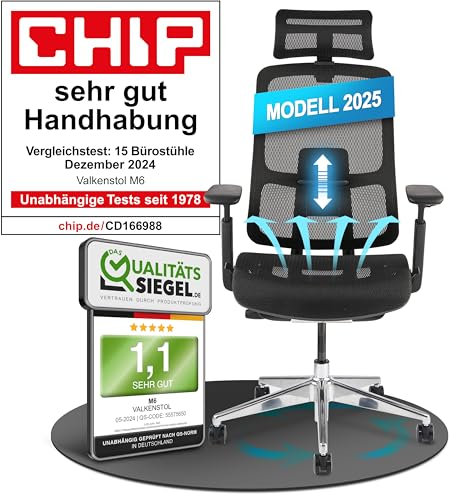 VALKENSTOL M6 Bürostuhl Ergonomisch Testsieger | Grosse Menschen Schreibtischstuhl | Mesh-Sitz Office Chair mit adaptiver Lordosenstütze und Verstellbarer Rückenlehne für Gesundes Sitzen Chefsessel