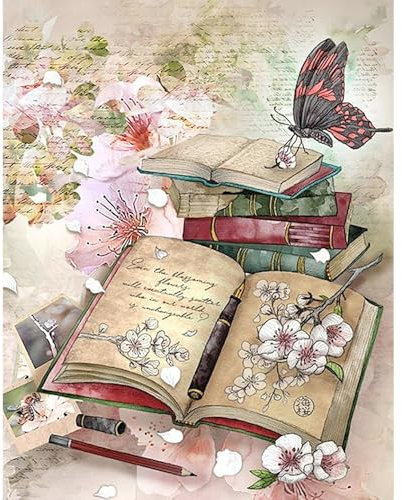 DCIDBEI Pintura de Diamantes Adultos Vintage Cuadrados 40x50cm Pintura de Diamante Cuadrado Libro Mariposa Pintura de Diamantes Libro Cuadros Diamantes Flor de Cerezo Dibujos con Diamantes Libro