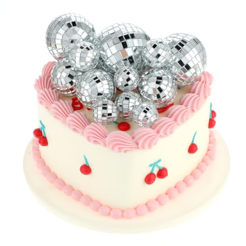 12 PCS 70s Disco Ball Cake Topper - 5 Sizes Mirror Ball Cupcake Topper & Cupcake Picks Set, Reflective Disco Ball Decorations for Themed Dance, Bachelorette, And Disco Parties