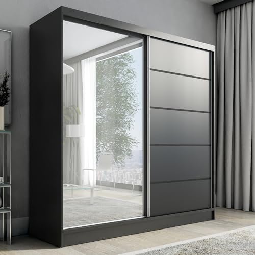 A&J MöbelLand Schwebetürenschrank mit Spiegel, 200 cm, 2 Türen, Schwarz (Schwarz)
