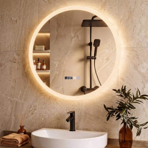 YOURLITE Badspiegel mit Beleuchtung Rund 60cm,LED Badezimmer Wandspiegel | Badezimmerspiegel,Spiegel Bad mit Beleuchtung,mit Touch-Schalter,3 Lichtfarben Dimmbar,Uhr,Speicherfunktion