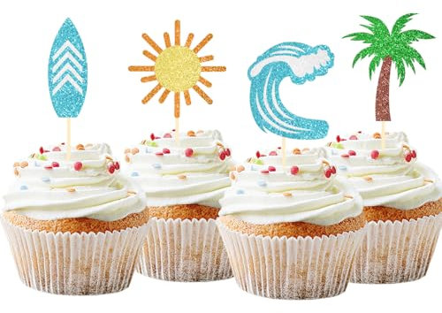 24 Pack Surfing Cupcake Toppers Glitter Summer Theme Surfboard Beach Cake Decorations Picks for Summer Beach Party Birthday Party Supplies (Surfing)