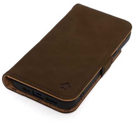 PORTER RILEY - Leather Case Compatible with iPhone 16 Pro. Premium Nubuck Genuine Leather Stand/Cover/Wallet/Flip Case with Card Slots & Horizontal Stand (Brown, Tan)