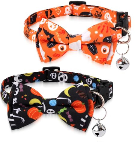 2stk Halloween-Katzenhalsbänder, Verstellbares Halloween-Katzenhalsband aus Baumwollstoff mit Glöckchen Süßes Weiches Bequemes Katzenhalsband mit Schleife (Schwarz+Totenkopf, Orange+Kürbis)