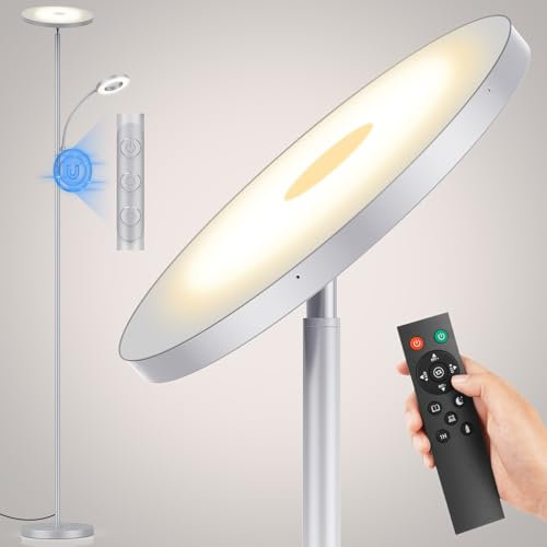 42W Lámpara de Pie Regulable Gris, LED Lámpara de Pie Salon 4500LM Súper Brillantecon con Lámpara de Lectura, control remoto y control táctil Lámpara Alta para Salon de Estar Dormitorio Oficina