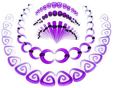 vogem 84 Stück Ohr Dehnstäbe Set 1-10mm (1.6mm-12mm) Ohr Gauges Expander Set Acryl Tapers Plugs Tunnels Ox Horn-shaped Spiral Tapers Body Piercing Jewelry für Frauen und Männer (Lila)